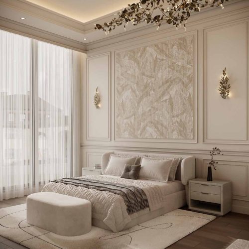 ترکیب رنگ کرم و طلایی در فضای پذیرایی نئوکلاسیک