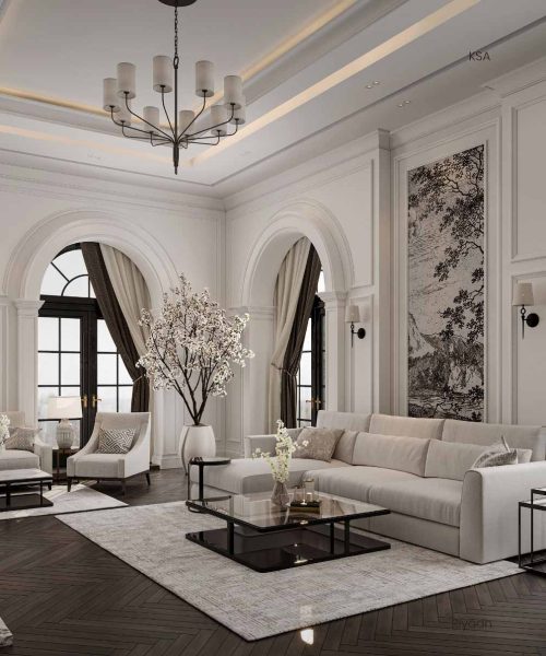 نورپردازی لایه‌ای در سقف با لوستر کلاسیک مدرن