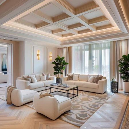 ترکیب پارکت چوبی و دیوارهای شیری در فضای نئوکلاسیک